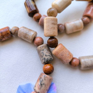 Coral Jade Chunky Bracelet - barrel and round stones