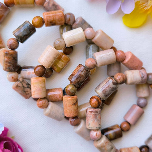 Coral Jade Chunky Bracelet - barrel and round stones