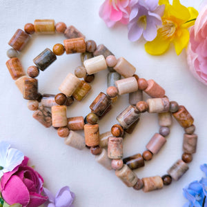 Coral Jade Chunky Bracelet - barrel and round stones