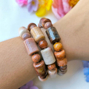 Coral Jade Chunky Bracelet - barrel and round stones